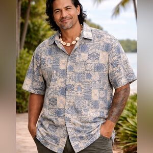 Vintage KY’s Hawaiian Shirt Made in Hawaii Blue Tribal Tapa Print XXL / 3XL Fit